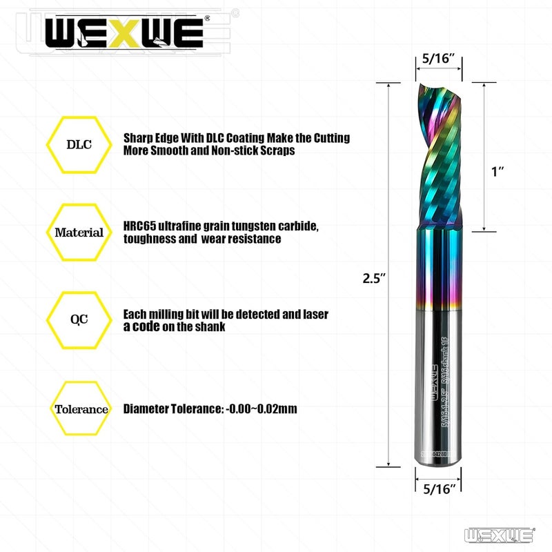 WEXWE Store Tools Solid Carbide CNC Spiral Single Flute End Mill - for Acrylic Plate Aluminum, Wood, Plastic, Brass, Copper Cutting - 5/16 Diameter 5/16" Shank 2.5" Length,1 Flute (5/16-2.5" 1PCS) - Image 2